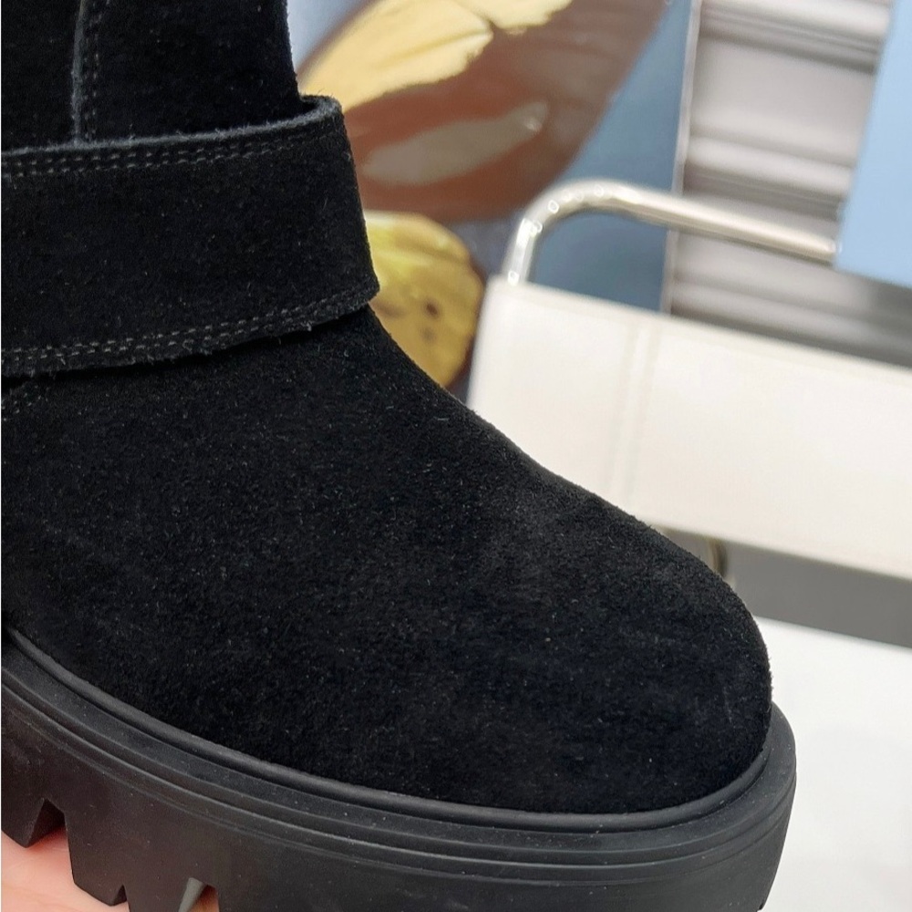 Women's Prada Black Suede Triangle Logo Buckle Chunky Platform Mid-Calf Boots - Picture 6 of 8
